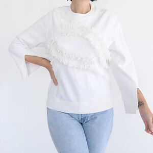 XU ZHI White Ruffle  Fringe Accents Crewneck Sweater Size 6